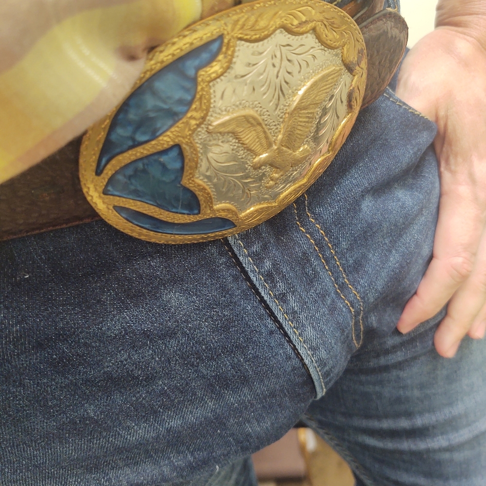 Vintage stone inlayed eagle cowboy belt buckle